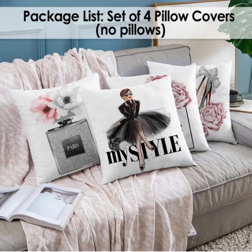 Set of 4 18x18 Decorative Pillow Covers Pink/Gray Fashion Style